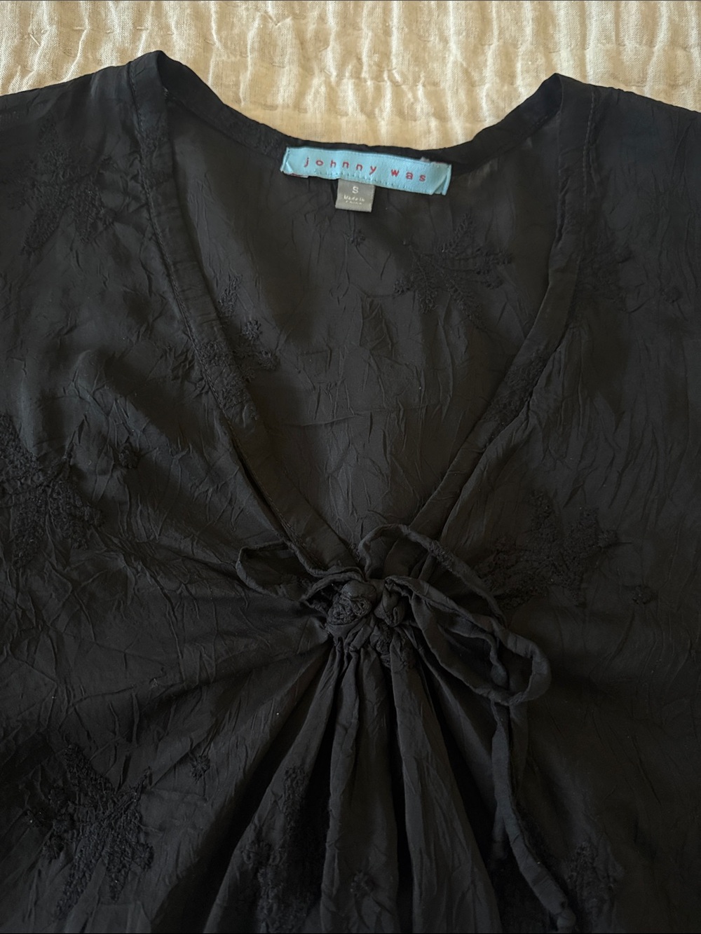 Johnny Was Black V-Neck Tie-Front Blouse